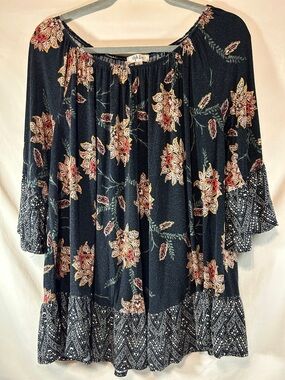 Style &Co. Floral Black Peasant Blouse with Ruffle Hem